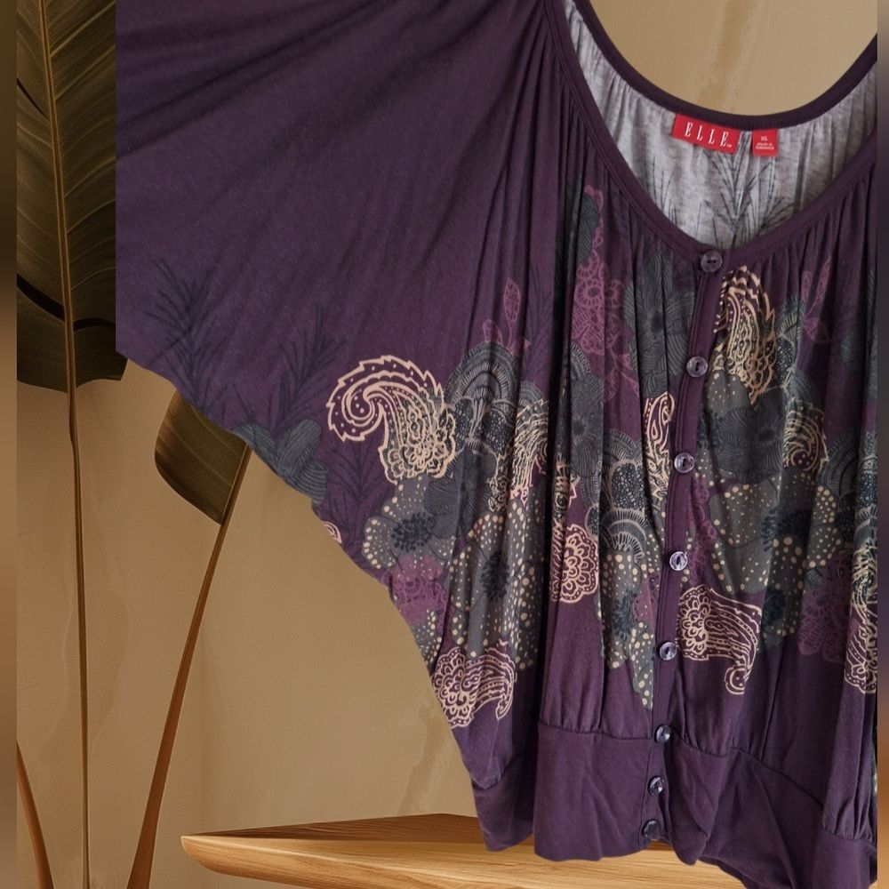 Elle Purple Button-Up Boho Blouse with Paisley Design Size XL Nwot Oversized